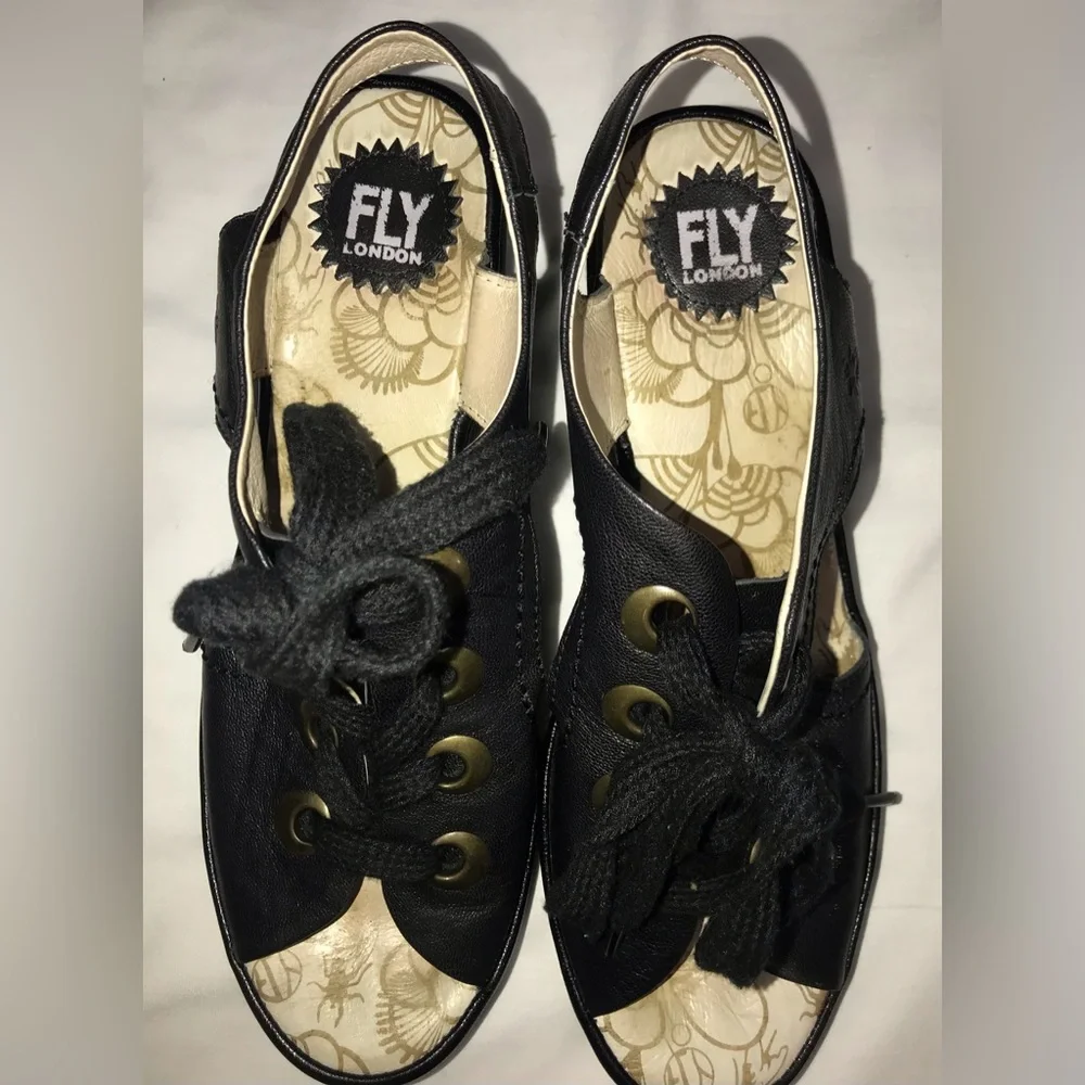 Fly London Yuta Black Lace Up Peep Toe Wedge Heel Sandals - Picture 4 of 8